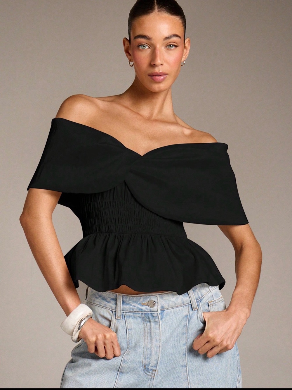 Off-Shoulder Black Peplum Crop Top with‎ Twist Detail Ruffles